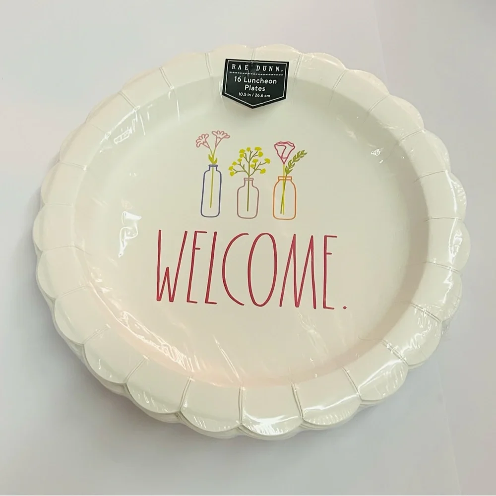New 16 Rae Dunn Paper Luncheon Plates WELCOME. in Red 10.5
